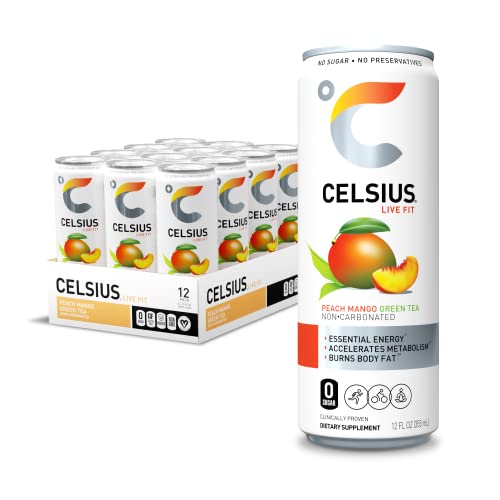 CELSIUS Peach Mango Green Tea, Functional Essential Energy Drink 12 Fl Oz (Pack of 12)