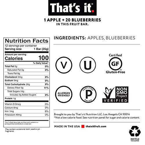 That's it. Apple + Blueberry 100% Natural Real Fruit Bar, Best High Fiber Vegan, Gluten Free Healthy Snack, Paleo for Children & Adults, Non GMO No Sugar Added, No Preservatives Energy Food (12 Pack)