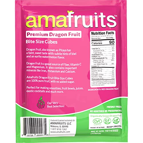 Amafruits Dragon Fruit (Pitaya) Bite Size Cubes - 16oz bag, 5 bag count